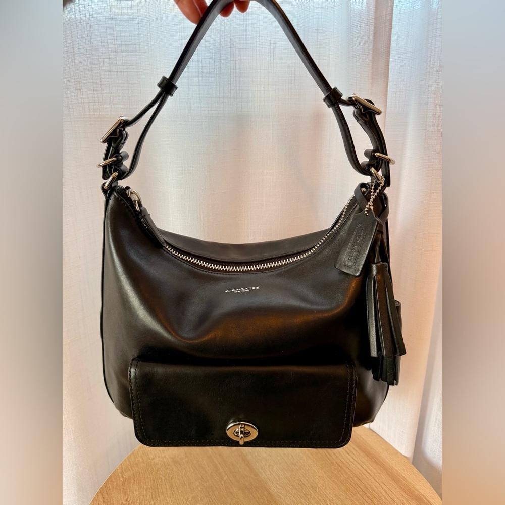 Coach Black Leather Shoulder Bag with Tassels and Silver Accents
